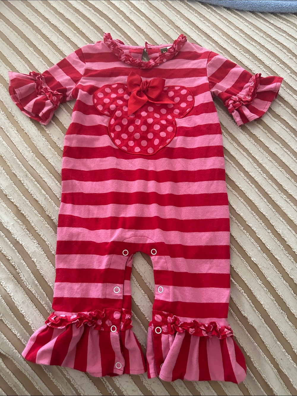 Pink & Red Striped Minnie-Inspired Ruffle One-Piece for Kids